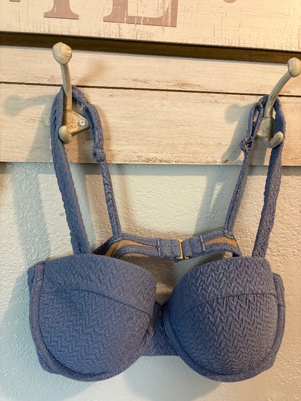 Textured Blue Bikini Top – Adjustable Straps & Back Clasp
